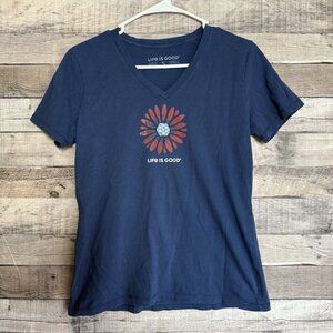 Life Is Good Womens Blue Classic Fit V Neck Short Sleeve T Shirt Size Small